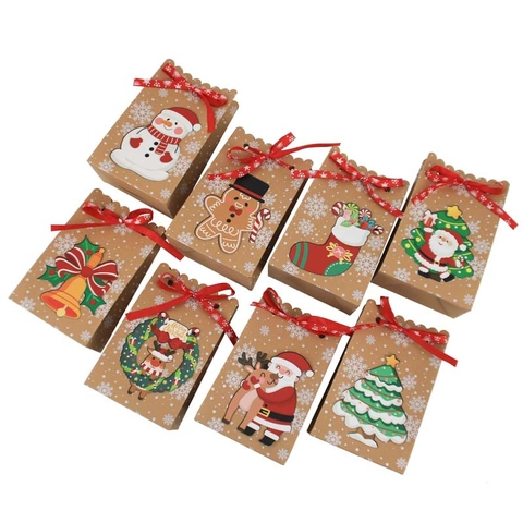 Christmas Kraft Paper Gift Bags With Ribbon Tags Snowflake Pattern For Holiday Party Candy Cookies Treats Wrapping