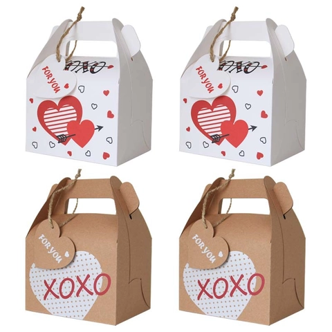 Romantic Heart Pattern Kraft Paper Gift Box With Handle And Hemp Rope Heart Tag For Valentine's Day Wedding Candy Packaging