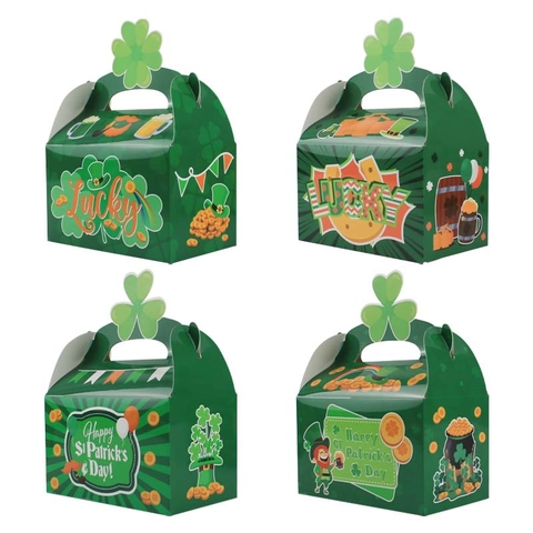 St Patrick's Day Gift Boxes Green Cardboard Candy Treat Bags With Clover Handle For Irish Festival Party Favors