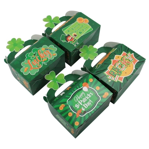 St Patrick's Day Gift Boxes Green Cardboard Candy Treat Bags With Clover Handle For Irish Festival Party Favors