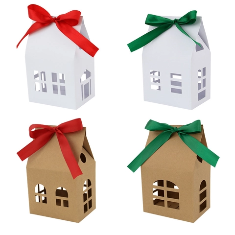 Hollow House Shape Kraft Paper Gift Box With Satin Ribbon For Christmas Wedding Candy Cookie Party Favors Packaging Box
