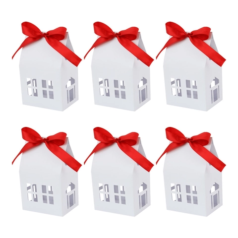 Christmas House Shape Kraft Paper Candy Box Hollow Out Window Gift Packaging Box With Satin Ribbon For Holiday Party Decor