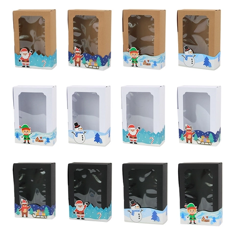 Christmas Gift Boxes Kraft Paper With PVC Window For Cookie Candy Packaging Santa Reindeer Snowman Pattern Foldable