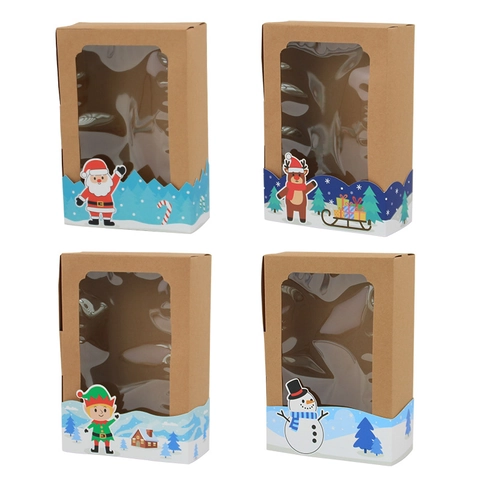 Christmas Gift Boxes Kraft Paper With PVC Window For Cookie Candy Packaging Santa Reindeer Snowman Pattern Foldable