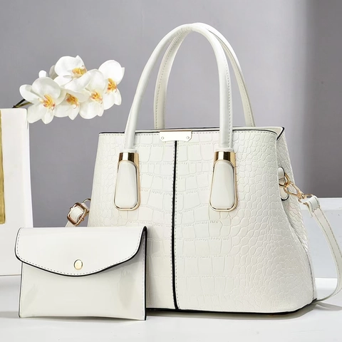 Minimalistisch PU Leder Krokodil Muster Handtaschen Set Für Damen Glänzend Geprägt Umhängetasche Eimertasche Mit Geldbörse