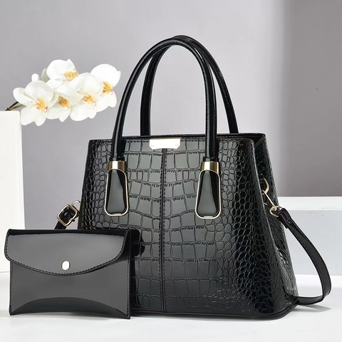Minimalistisch PU Leder Krokodil Muster Handtaschen Set Für Damen Glänzend Geprägt Umhängetasche Eimertasche Mit Geldbörse