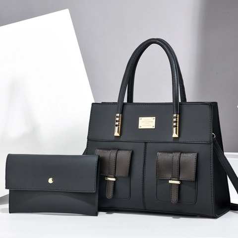 Women Vintage PU Leather Handbag With Small Matching Envelope Clutch Large Capacity Contrast Color Shoulder Tote Bag For Daily Use