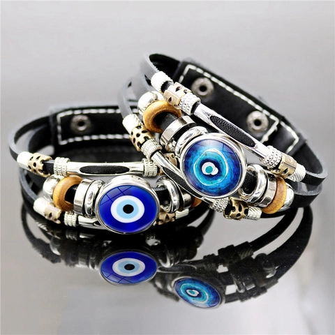 Bracciale In Pelle Multistrato Evil Eye Lega Perline Di Legno Punk Vintage Bohemien Etnico Regolabile