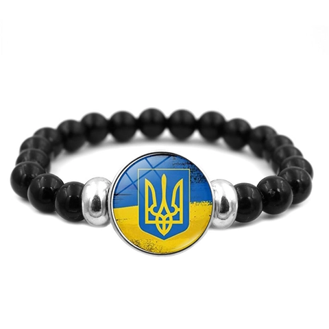 Pulsera de Cuentas Hecha a Mano con Bandera de Ucrania y Emblema Nacional Amuleto de Cabujón de Vidrio de Resina Joyería Elástica