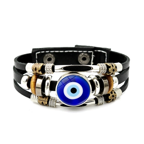 Bracciale In Pelle Multistrato Evil Eye Lega Perline Di Legno Punk Vintage Bohemien Etnico Regolabile