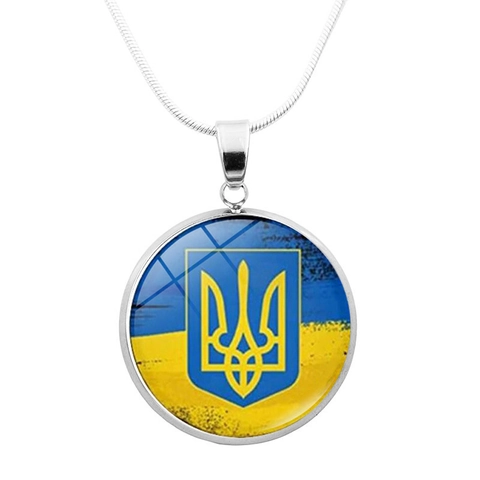 Ukraine Flag Round Pendant Necklace Silver Snake Chain Glass Cabochon Patriotic Jewelry For Women Men National Symbol Gift