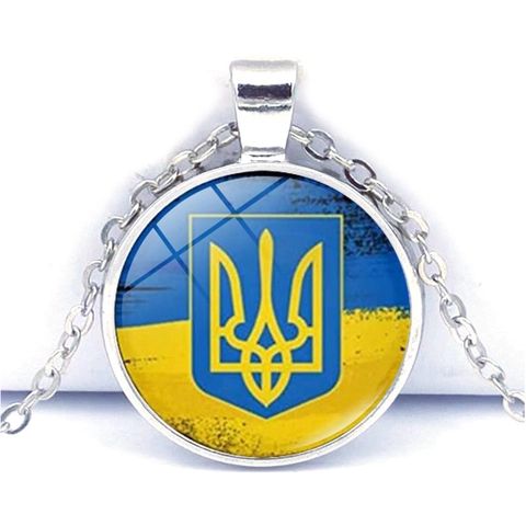 Ukraine Flag Trident Pendant Necklace Zinc Alloy Glass Cabochon National Emblem Circular Heart Style Necklace Jewelry For Men Women