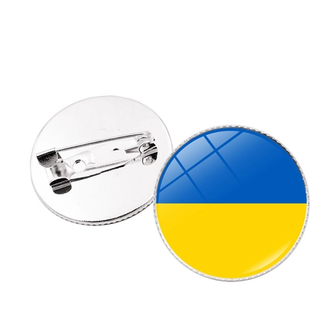 Spilla Rotonda In Lega Con Cabochon In Vetro Bandiera Ucraina Emblema Tridente Distintivo Versatile Accessorio Per Borse