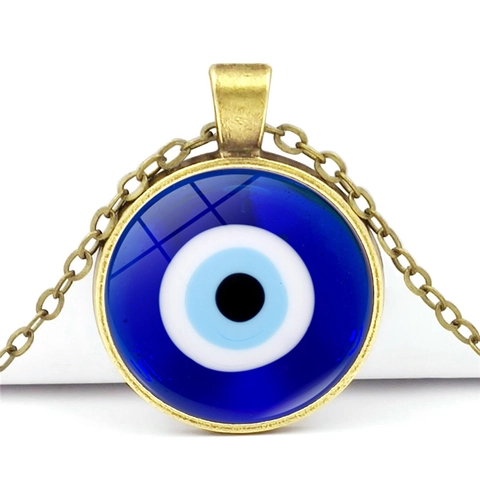Turkish Evil Eye Pendant Necklace Vintage Bronze Zinc Alloy Glass Cabochon Retro Ethnic Jewelry For Women Men
