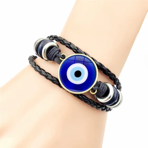 Retro Handgewebtes Lederarmband Mit Evil Eye Glasanhänger Legierung Perlen Verstellbar Mehrlagiger Ethno Schmuck Für Damen Herren