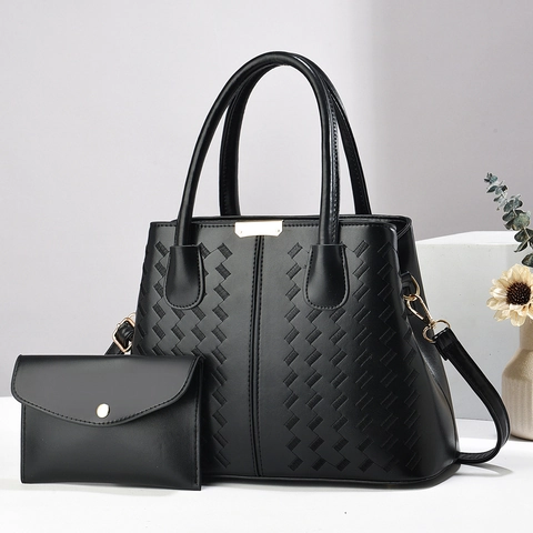 Women Fashion PU Leather Shoulder Bag Set Large Capacity Tote Bag And Matching Envelope Clutch With Woven Texture Elegant Handbag