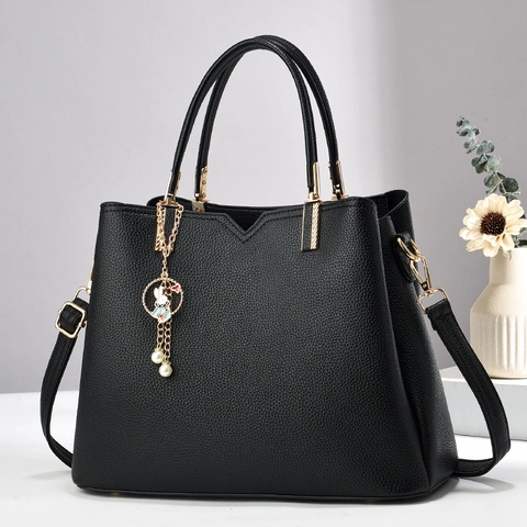 Sac À Main Élégant Pour Femme En Cuir PU Grainé Avec Bandoulière Amovible Et Charmant Pendentif Lapin Künstliche Perle Fourre-tout
