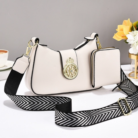 Bolso de Hombro de Cuero PU para Mujer Textura Lichi Logo de Corona de Metal Bolso de Axila Con Mini Pochette Correa Ancha