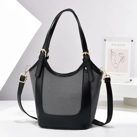 Borsa A Secchiello Da Donna Moda Patchwork In Pelle PU E Tessuto Borsa A Tracolla A Mano Con Tracolla Regolabile