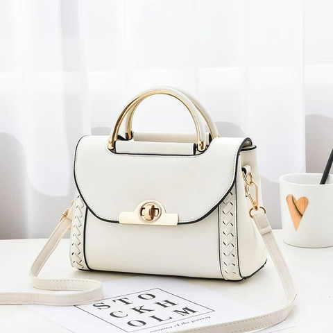 Women PU Leather Shoulder Bag With Gold Metal Handle Woven Side Detail Elegant Handheld Crossbody Fashion Square Bag