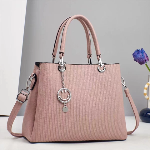 Dames Urban Minimalistisch PU Lederen Handtas Verticale Strepen Macaron Kleur Tote Multi Layer Capaciteit Crossbody Tas Met Gezicht Hanger