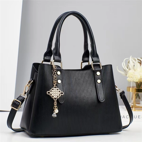 Women Striped PU Leather Handbag With Chinese Knot Pearl Pendant Fashion Crossbody Shoulder Bag For Daily Party Travel Tote
