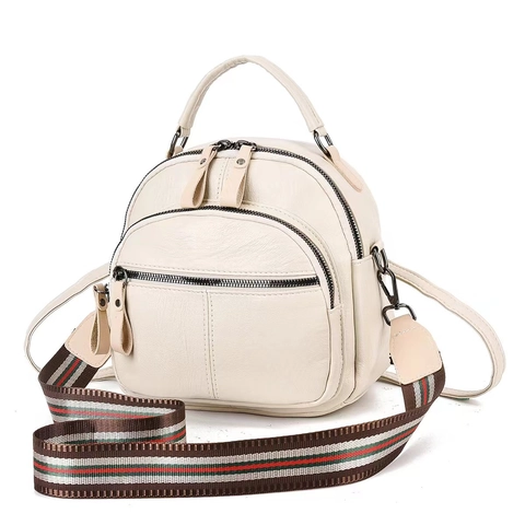 Women PU Leather Mini Backpack Crossbody Bag Litchi Texture Multi Zipper Casual Fashion With Wide Striped Strap
