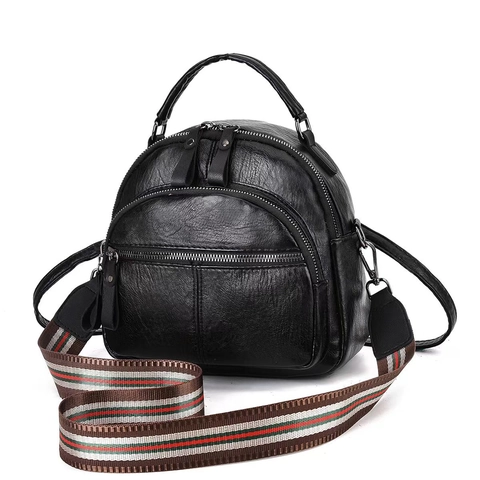 Women PU Leather Mini Backpack Crossbody Bag Litchi Texture Multi Zipper Casual Fashion With Wide Striped Strap