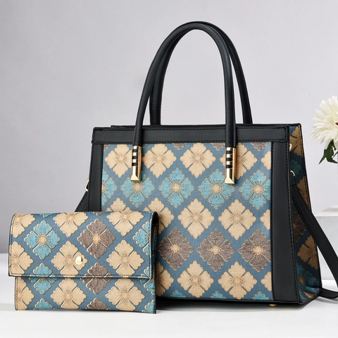 Mode Damen Tote Handtasche Und Lange Geldbörse Set Jacquard Blumenmuster PU Leder Elegante Pendler Umhängetasche Goldene Hardware