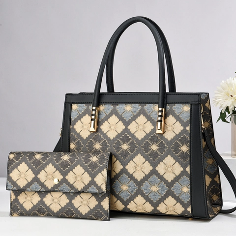 Mode Damen Tote Handtasche Und Lange Geldbörse Set Jacquard Blumenmuster PU Leder Elegante Pendler Umhängetasche Goldene Hardware