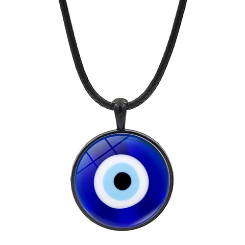 Evil Eye Pendant Necklace Blue Nazar Zinc Alloy Glass Cabochon With Black Leather Cord Retro Jewelry For Women Men