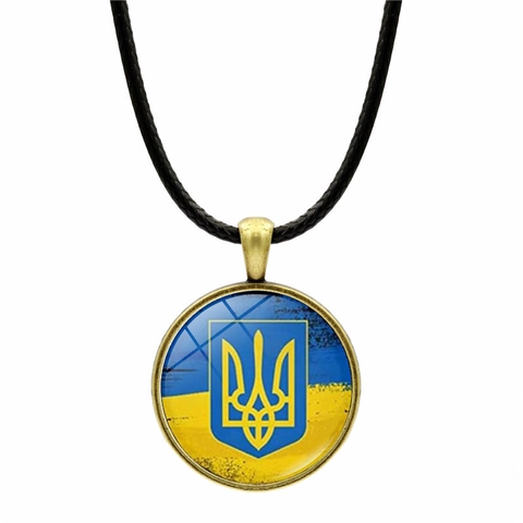 Retro Zinklegierung Rund Glas Anhänger Halskette Mit Lederschnur Ukraine Flagge Dreizack Muster Schmuck Für Damen Herren