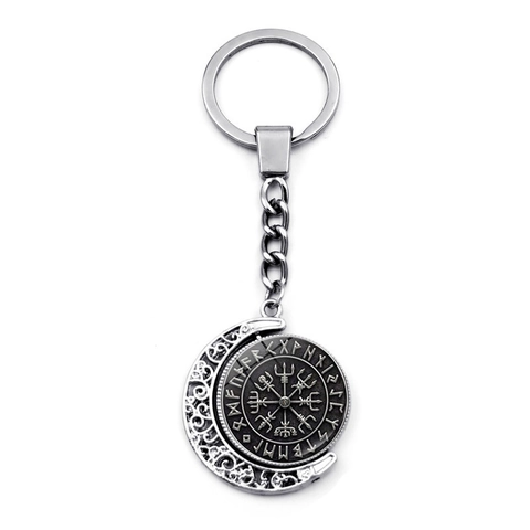 Portachiavi con Bussola Vichinga Nordica Luna Rotante in Lega di Zinco Argento Antico Rune Odin Ciondolo Accessorio