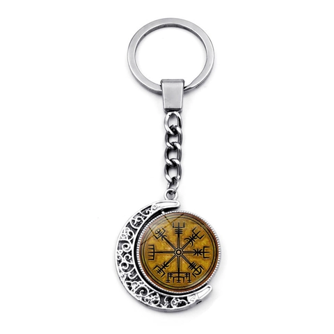 Portachiavi con Bussola Vichinga Nordica Luna Rotante in Lega di Zinco Argento Antico Rune Odin Ciondolo Accessorio