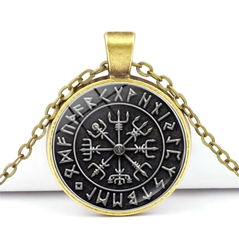 Vintage Nordic Viking Vegvisir Compass Pendant Necklace Rune Odin Symbol Bronze Zinc Alloy Glass Cabochon Necklace For Men Women Ethnic Jewelry Gift