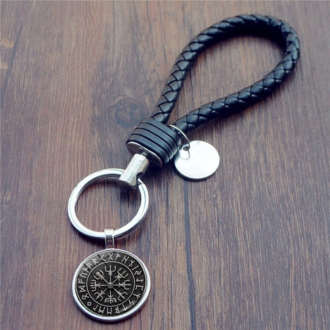 Viking Nordic Compass Keychain Braided PU Leather Zinc Alloy Glass Runes Key Ring Retro Jewelry Gift For Men Women