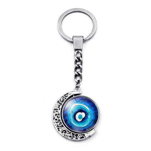 Turkse Boze Oog Maan Sleutelhanger Zinklegering Glas Roterende Halve Maan Bedel Etnische Stijl Sleutelring Cadeau