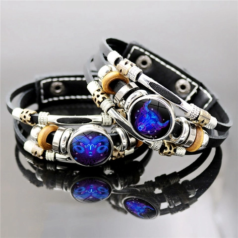 Leuchtendes Sternzeichen Armband Mehrlagiges Leder Glas Legierung Punk Retro Armreif Unisex Im Dunkeln Leuchten