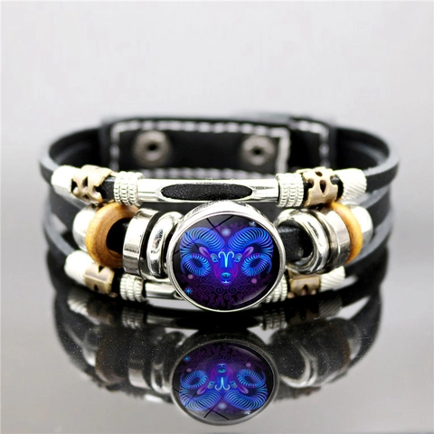 Leuchtendes Sternzeichen Armband Mehrlagiges Leder Glas Legierung Punk Retro Armreif Unisex Im Dunkeln Leuchten