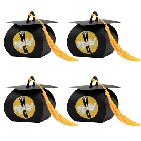 Abschlusskappe Handheld Geschenkschachteln Mit Gelber Quaste Und Aufklebern Schwarzer Karton Bachelor Hut Partybox Für Studenten