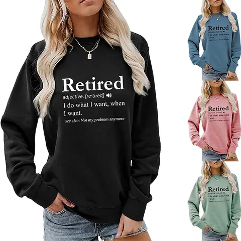 Damen Sweatshirt Rundhals Baumwolle Polyester Mischung Langarm Lockerer Pullover Retired Buchstabendruck Lässiges Top