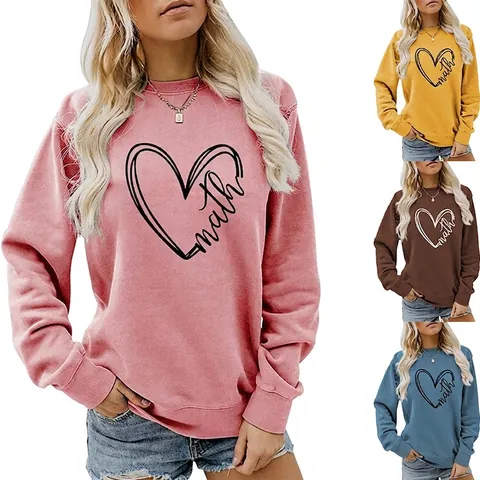 Women Crewneck Sweatshirt Heart Math Print Long Sleeve Casual Streetwear Loose Pullover Top Cotton Blend