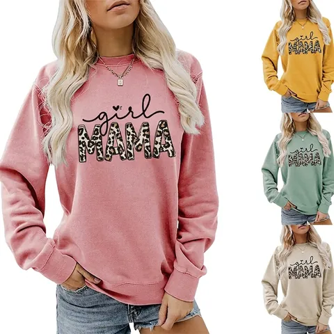Sweat-shirt À Col Rond Pour Femme Girl Mama Lettre Imprimé Léopard Mélange Coton Polyester Manches Longues Pull Décontracté