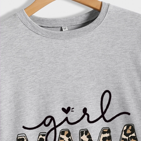 Sweat-shirt À Col Rond Pour Femme Girl Mama Lettre Imprimé Léopard Mélange Coton Polyester Manches Longues Pull Décontracté