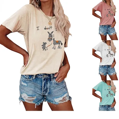 Women Short Sleeve T-Shirt Cotton Blend Round Neck Funny Donkey Mouse Graphic Print Knot Hem Casual Streetwear Tops