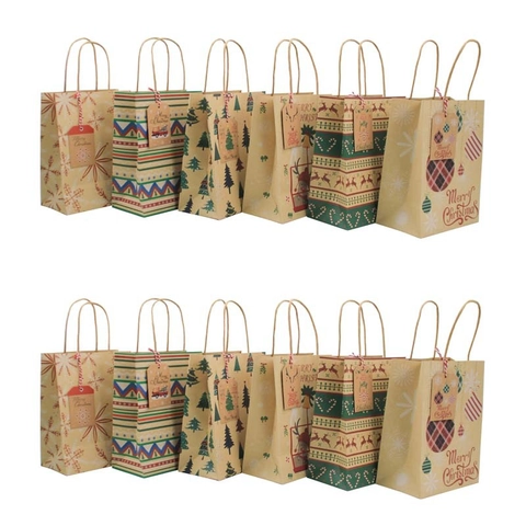 Sac Cadeau De Noël Papier Kraft Poignée Étiquette Motif Renne Flocon De Neige Emballage De Fête Nouveauté
