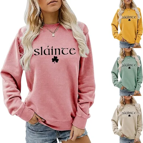 Sláinte Shamrock Damen Sweatshirt Rundhals Langarm Baumwollmischung Locker Lässig St Patrick's Day Pullover