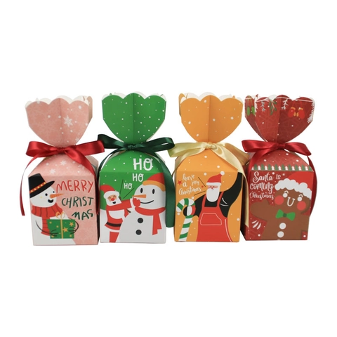 Christmas Paper Gift Box Folding Apple Candy Box With Satin Ribbon Bow Santa Claus Snowman Gingerbread Man Pattern Holiday Party Favor Packaging Box