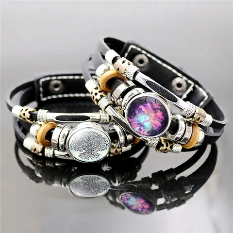 Vintage Meerlaagse Kunstlederen Levensboom Armband Voor Heren Dames Gevlochten Punk Handtouw Met Houten Kralen Glas Cabochon Sieraden