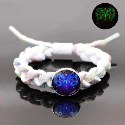 Handmade Braided Leather Luminous Twelve Constellation Bracelet Glow In Dark Zodiac Sign Alloy Glass Cabochon Adjustable Wristband Jewelry